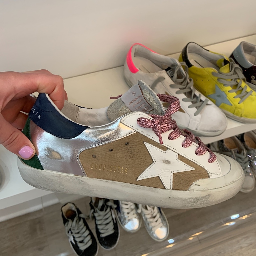 Golden Goose Deluxe Brand Superstar Sneakers Size 39, Tan/Blue/Green Pink Laces